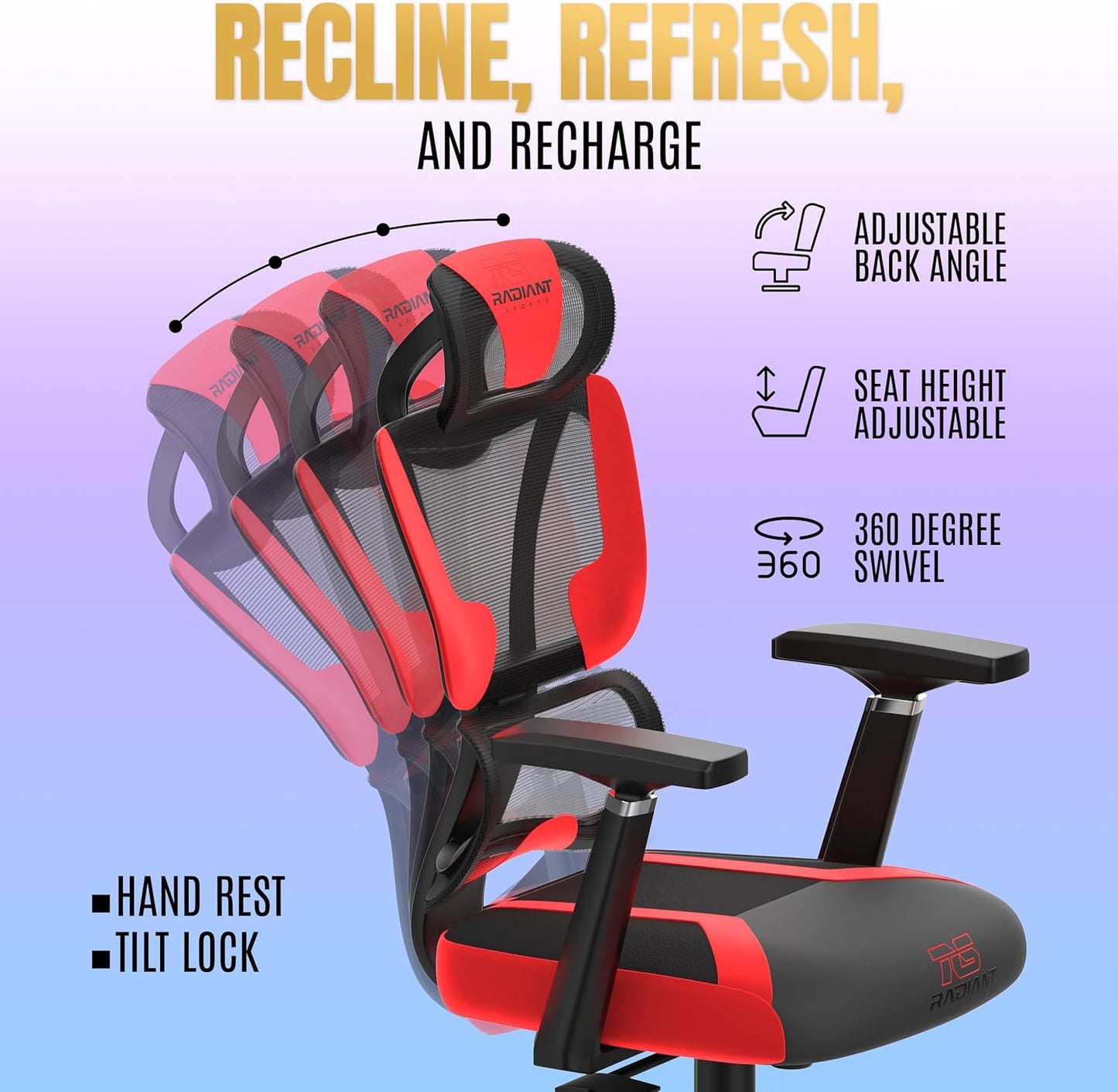 Radiant Sports Breathable Mesh Gaming Chair with Fan - Ergonomic Reclining Gaming - Breathable and Comfortable Design - Lightweight Chair for Gamer's