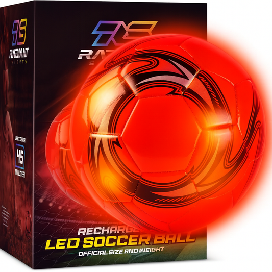 Radiant Sports Rechargeable LED Light Up Soccer Ball - Glow in The Dark Size 4 & 5 - Attractive Durable Designs - Gifts for Boys Ages 8-15 - Official Size and Weight