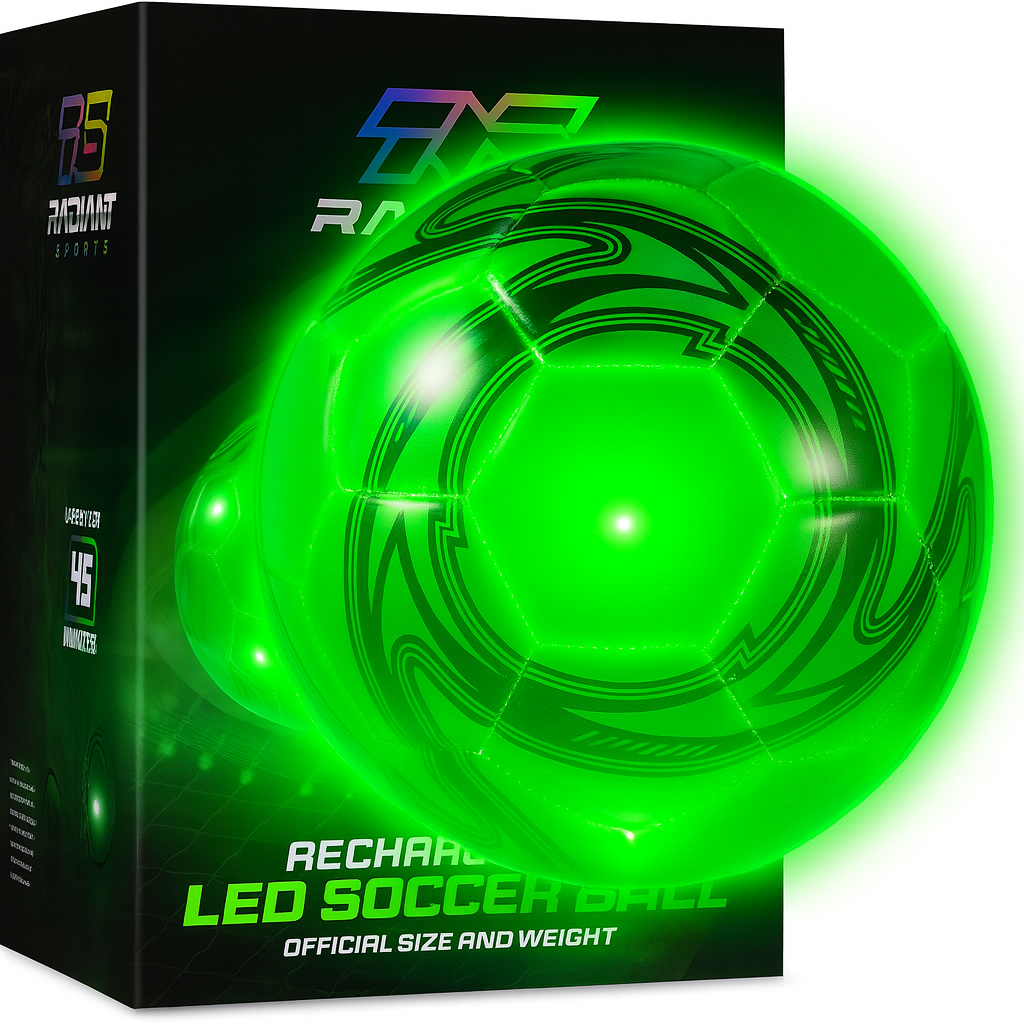 Radiant Sports Rechargeable LED Light Up Soccer Ball - Glow in The Dark Size 4 & 5 - Attractive Durable Designs - Gifts for Boys Ages 8-15 - Official Size and Weight